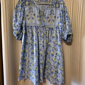 Chic Bohemian Long Sleeve Dress in Blue and Yellow. NWOT